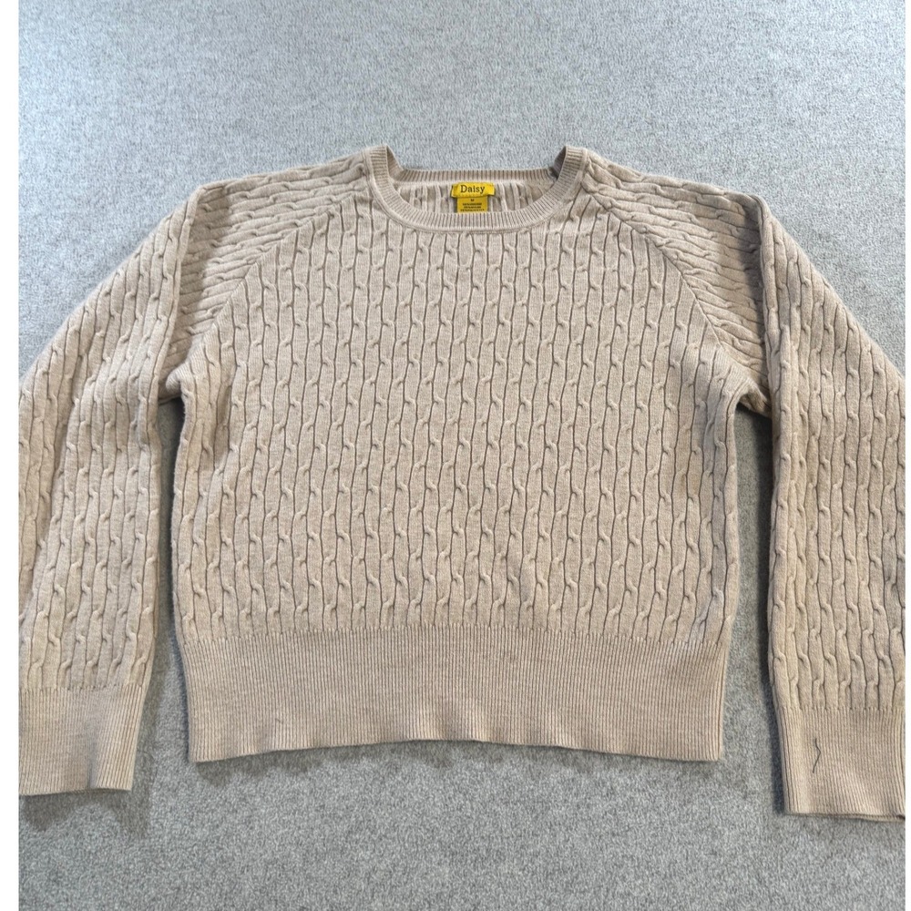 Daisy Cable Knit Sweater Women Medium Beige Tan Crew Neck Raglan Long Sleeve‎